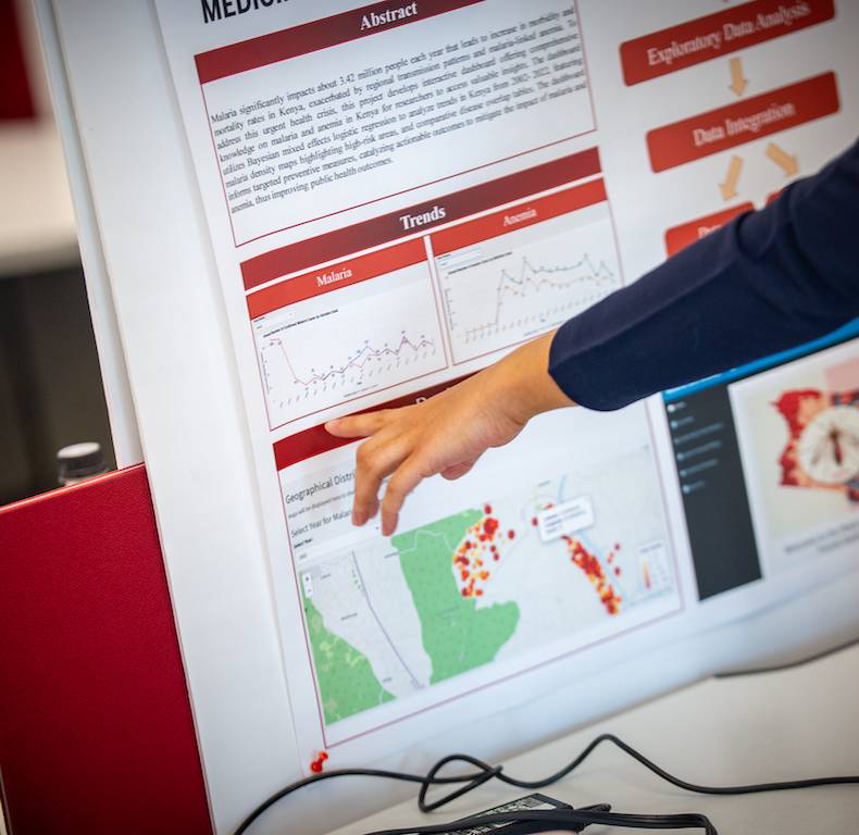 Image of a graduate student pointing to trend data on a medical research poster