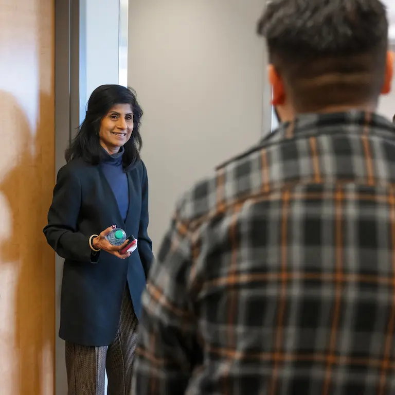 Chancellor Ramchand talks to a Luddy Indianapolis student